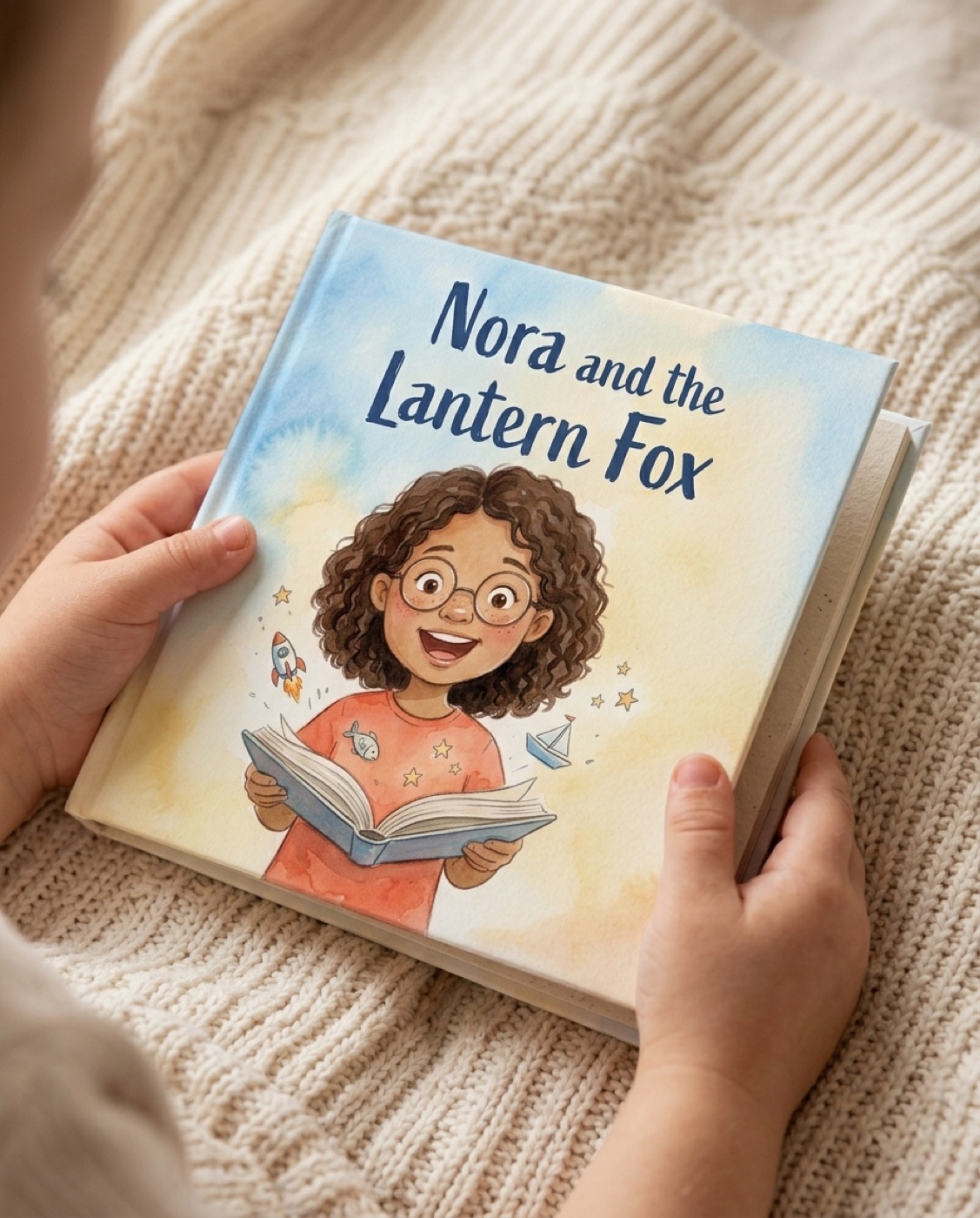 A child holding a printed hardcover storybook: Nora and the Lantern Fox